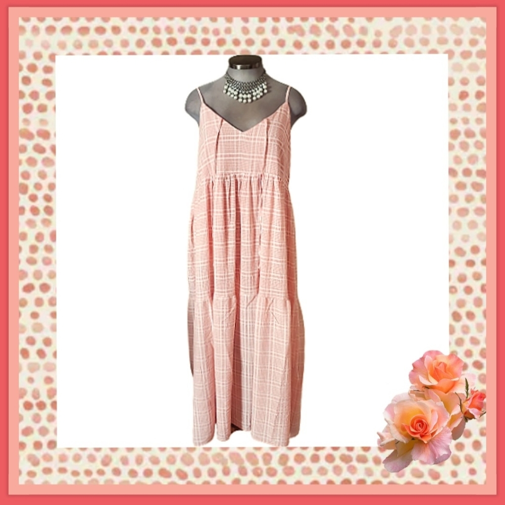 PALE PEACH PLAID ☆ TIERED MAXI DRESS ☆ NWT